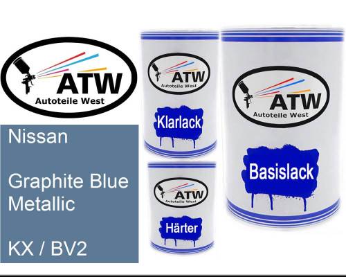 Nissan, Graphite Blue Metallic, KX / BV2: 500ml Lackdose + 500ml Klarlack + 250ml Härter - Set, von ATW Autoteile West.